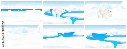 North pole wildlife flat vector illustration. Arctic landscape. Snow panoramic scene. White adult bear walking with cubs on winter hills. Iceberg edges. Marine mammal cartoon wallpaper