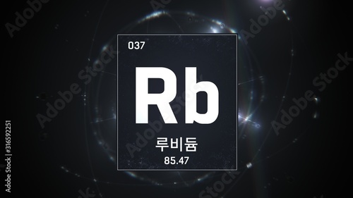 3D illustration of Rubidium as Element 37 of the Periodic Table. Silver illuminated atom design background orbiting electrons name, atomic weight element number in Korean language