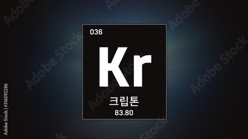 3D illustration of Krypton as Element 36 of the Periodic Table. Grey illuminated atom design background orbiting electrons name, atomic weight element number in Korean language