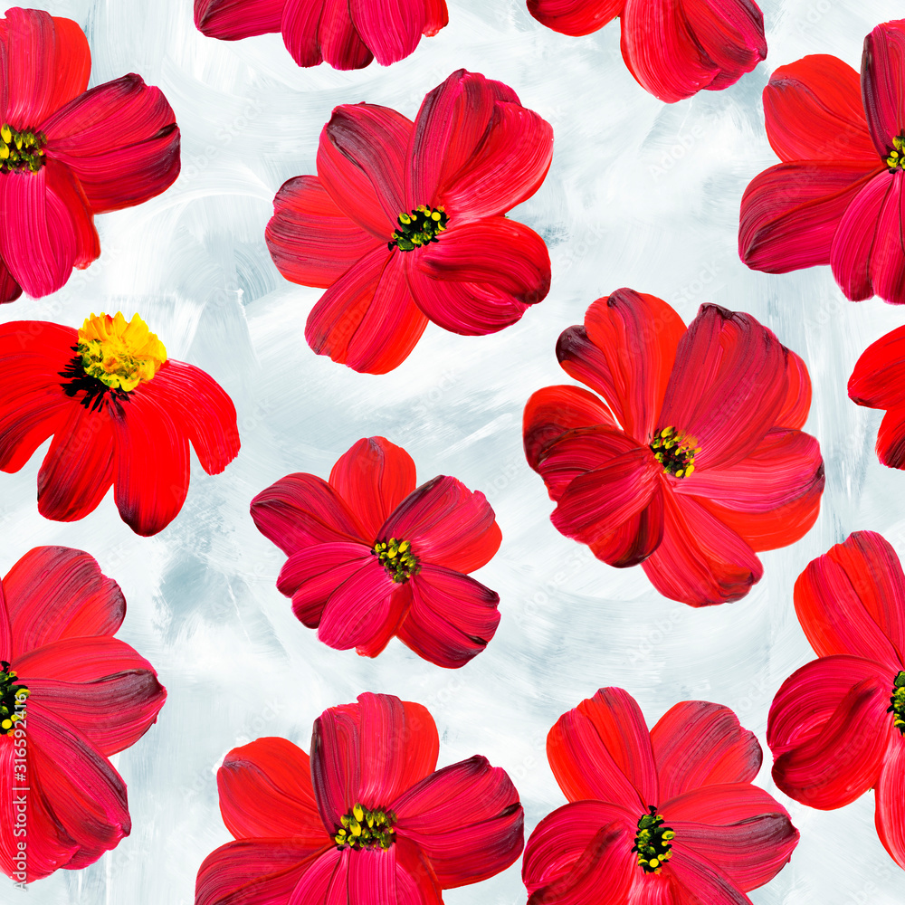 Floral seamless pattern of abstract red flowers