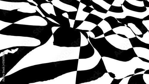 Optical illusion wave. Chess waves board. Abstract 3d black and white illusions. Horizontal lines stripes pattern or background with wavy distortion effect. Vector illustration.