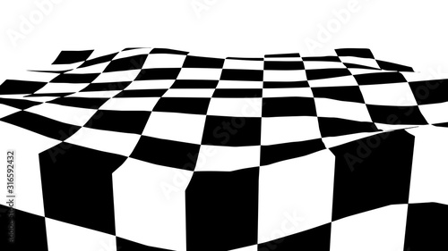 Optical illusion wave. Chess waves board. Abstract 3d black and white illusions. Horizontal lines stripes pattern or background with wavy distortion effect. Vector illustration.