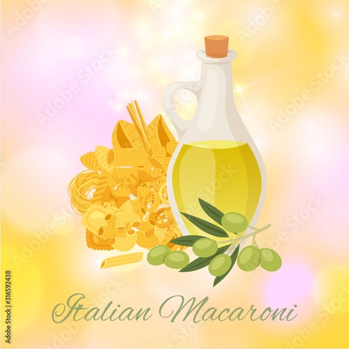 Italian macaroni with different types of pasta, spaghetti, ravioli and olive oil poster vector illustration. Italian macaroni cuisine restaurant, cooking course or cafe poster.