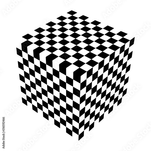 Optical illusion cube. Chess board. Abstract 3d black and white illusions. Horizontal lines stripes pattern or background with wavy distortion effect. Vector illustration.
