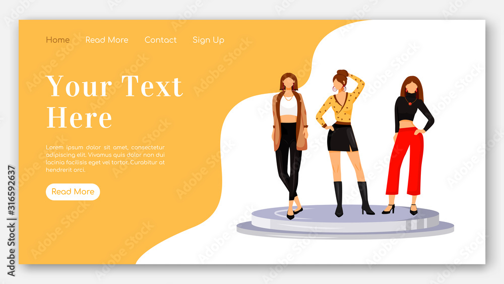 Runway models looks landing page flat color vector template. Fashion designers clothes homepage layout. Trendy outfits one page website interface with cartoon illustration. Catwalk web banner, webpage