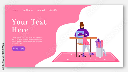 Fashion designer landing page flat color vector template. Assistant with sewing machine homepage layout. Repair clothes one page website interface with cartoon illustration. Atelier banner, webpage
