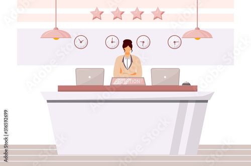 Female receptionist flat color vector illustration. Hotel waiting area, lobby. Front desk clerk, guest registration. Administrative support worker isolated cartoon character on white background