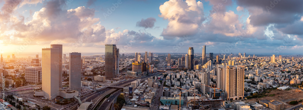 Tel Aviv Skyline At Sunset,  Tel Aviv Cityscape Large Panorama At Sunset Time, Israel - obrazy, fototapety, plakaty 
