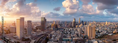 Tel Aviv Skyline At Sunset,  Tel Aviv Cityscape Large Panorama At Sunset Time...