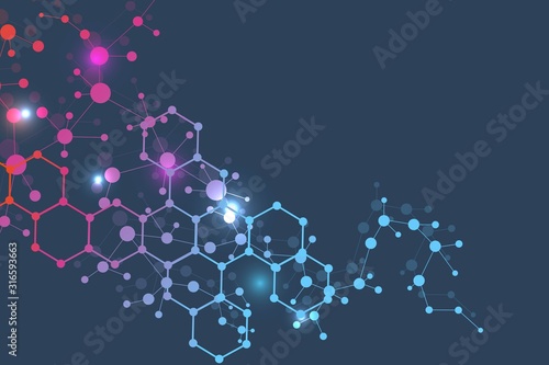 Science network pattern, connecting lines and dots. Technology hexagons structure or molecular connect elements.