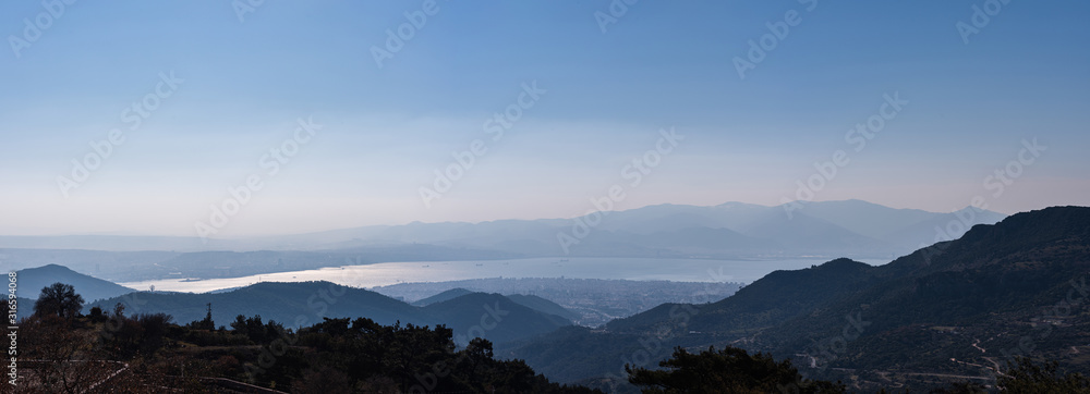 Panoramic city view. Panoramic view of Izmir from Yamanlar Hill. Bay view between the mountains