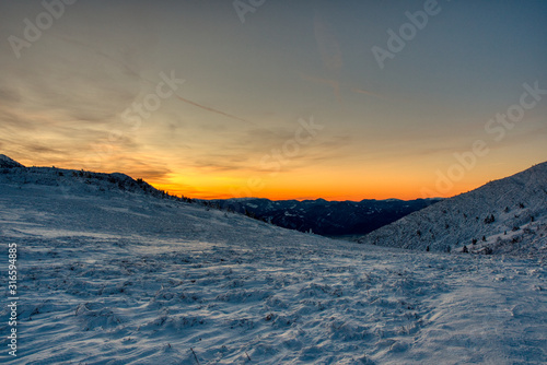 Sunrise on a frosty winter’s morning on The Mountain near mala fatra slovakia