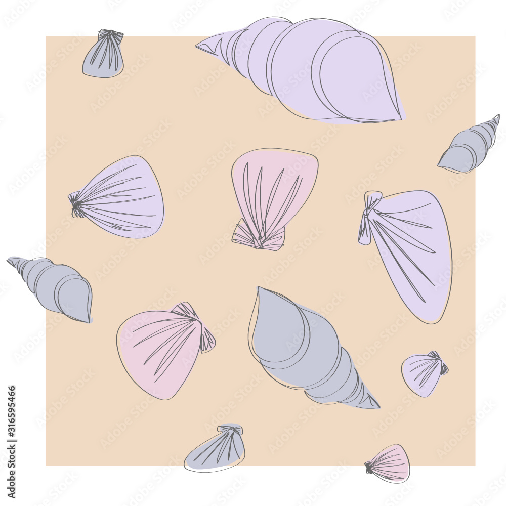 Set of pastel-colored shells on a sandy beach pattern pretty gentle