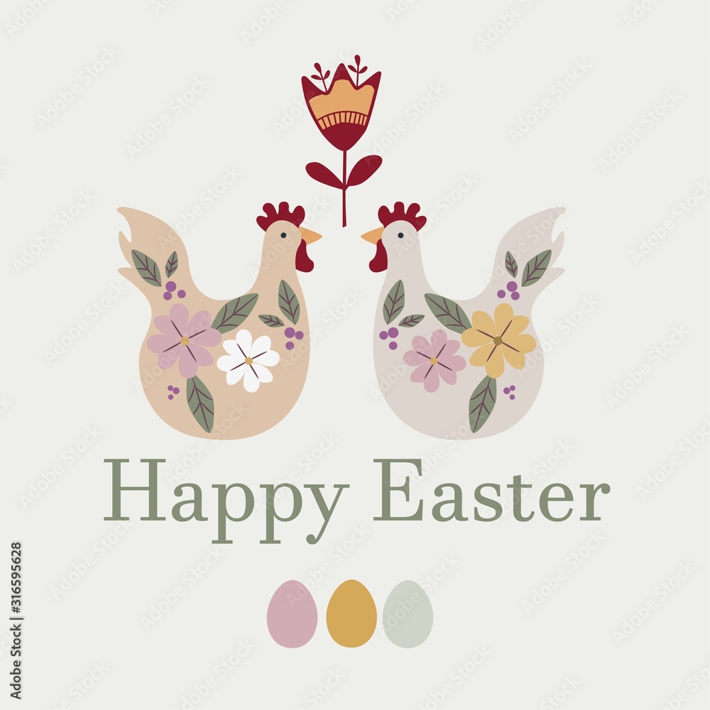 Happy Easter templates with eggs, flowers, chicken and typographic design. Good for spring and Easter greeting cards and invitations. Happy Easter templates with eggs, flowers, chicken and typographic design. Good for spring and Easter greeting cards and invitations.