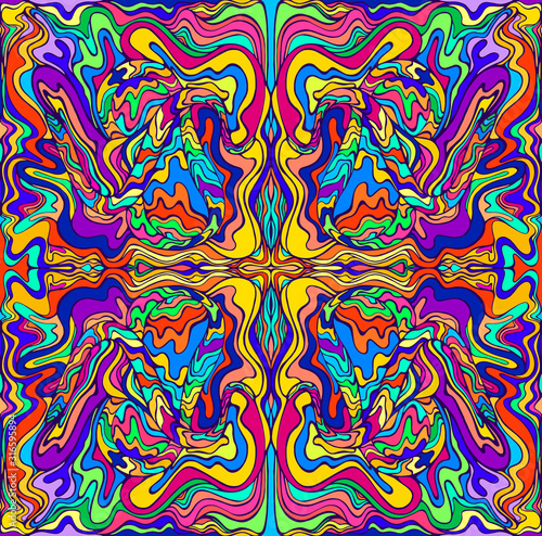 Psychedelic colorful surreal doodle fractal. Mirror abstract pattern, maze of wavy ornaments.