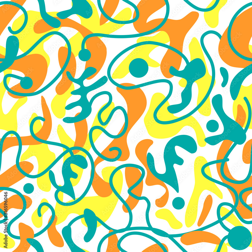Funky sunny abstract shapes seamless pattern. Colorful summer background