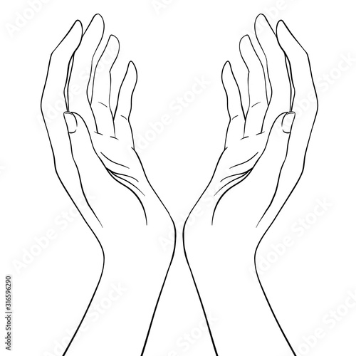 Open hands. Hand drawn illustration. Occult design vector illustration. Iink tattoo flash design. Vector isolated on white. Astrology, Sacred Spirit.