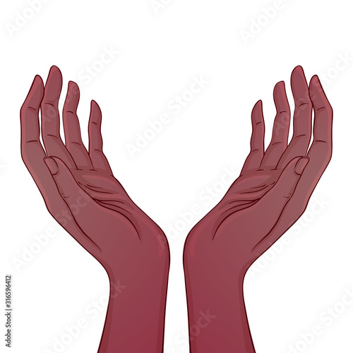 Open african american hands. Occult design vector illustration. Iink tattoo flash design. Vector illustration isolated on white. Astrology, Sacred Spirit.