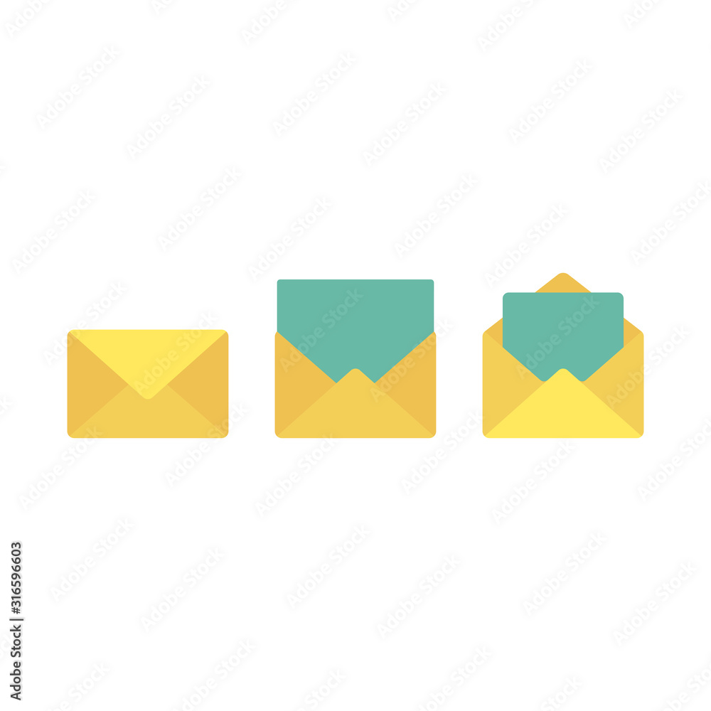 Yellow letter, open and closed icon set. Colorful mail envelope cartoon. Yellow letter, open and closed icon set. Colorful mail envelope cartoon.