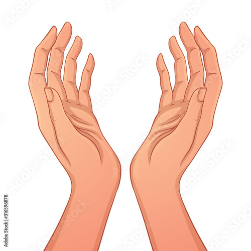 Open hands. Hand drawn illustration. Occult design vector illustration. Iink tattoo flash design. Vector isolated on white. Astrology, Sacred Spirit.