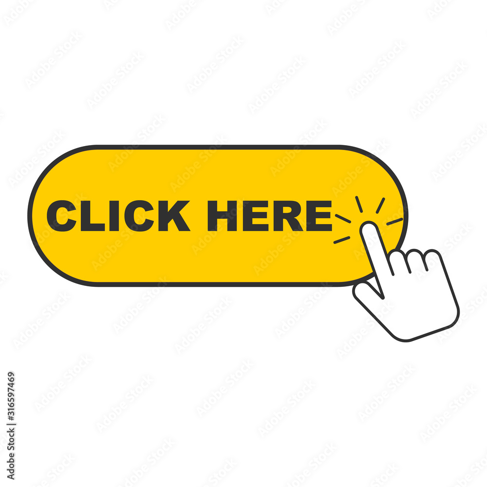 Click here button with hand icon isolated on white background. Vector illustration. Click here button with hand icon isolated on white background. Vector illustration.