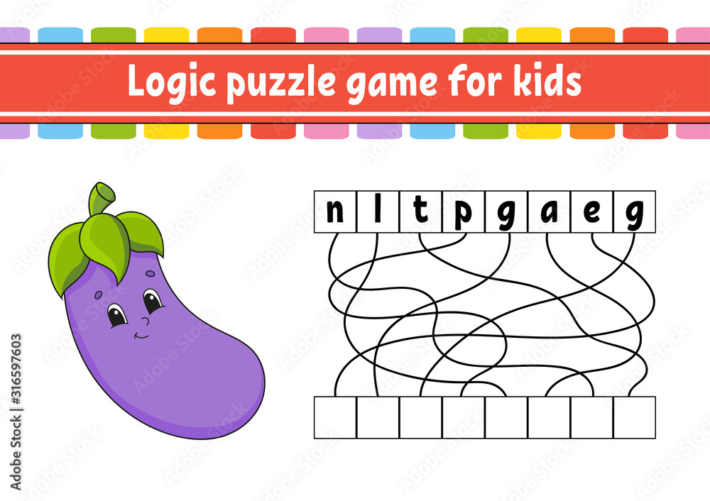 Logic puzzle game. Learning words for kids. Vegetable eggplant. Find