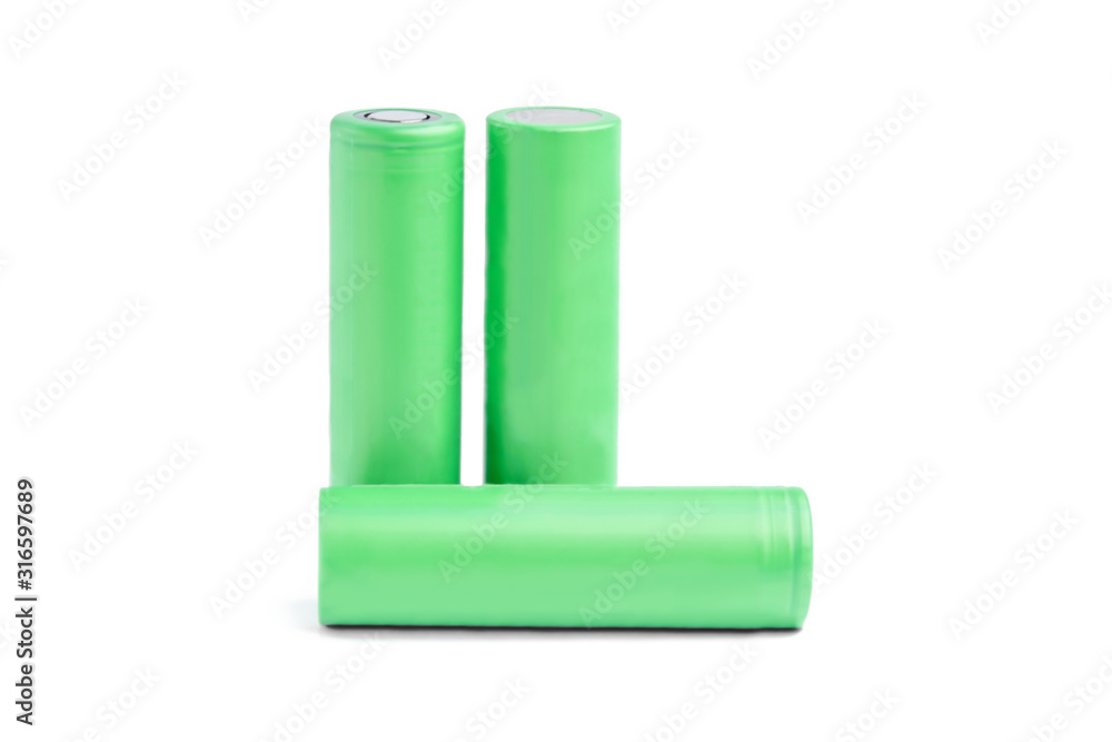 Three rechargeable batteries on a white background isolated. 18650 green batteries. device energy concept Three rechargeable batteries on a white background isolated. 18650 green batteries. device energy concept
