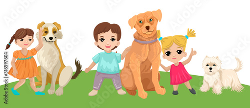Fototapeta Naklejka Na Ścianę i Meble -  Children hug dogs, walk with animals. Vector illustration