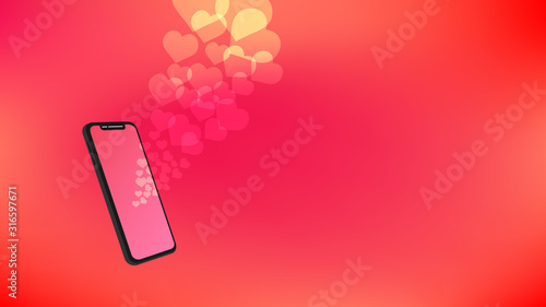 Illustration of mobile phone and bokeh love floating on blur color. Love, anniversary and Valentine's concept.