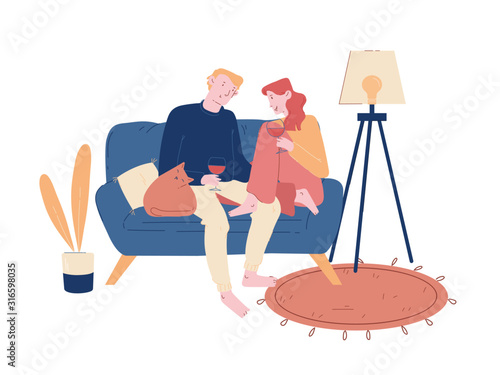 Young Loving Couple Spend Time at Home Sitting on Couch Together Chatting, Drinking Wine with Cat Sitting nearby on Weekend Evening. Love Flirting Sparetime. Cartoon Flat Vector Illustration, Line Art
