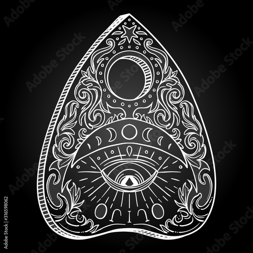 Heart-shaped planchette for spirit talking board. Vector isolated illustration in Victorian style. Mediumship divination equipment. flash tattoo drawing. Alchemy, religion, spirituality, occultism.