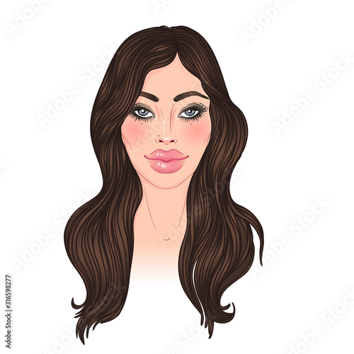 Exaggerated lips of a beautiful young woman. Fillers. Lip augmentation. Sexy Mouth. Beauty girl. Vector illustration over white background. absurdly big lips..