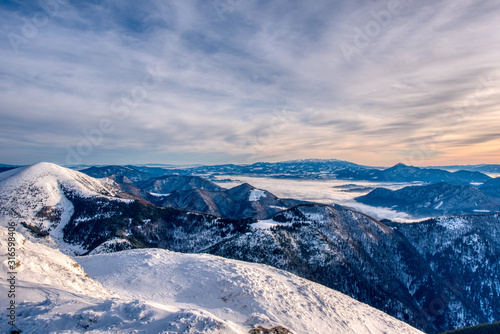 Beautiful winter panorama with fresh powder snow. Landscape with spruce trees, blue sky . Slovakia Mala Fatra