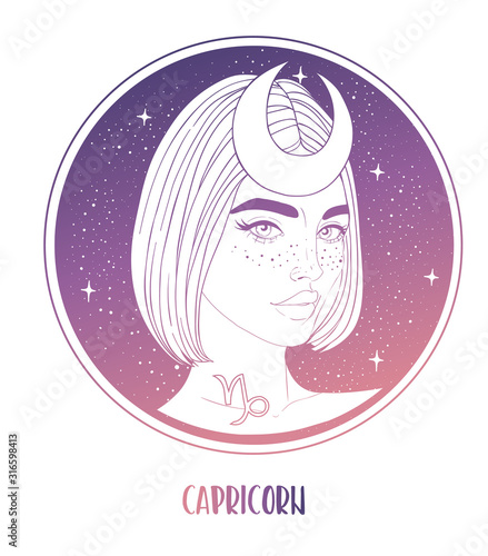 Illustration of Capricorn astrological sign as a beautiful girl. Zodiac vector illustration isolated on white. Future telling  horoscope  alchemy  spirituality  occultism  fashion woman.