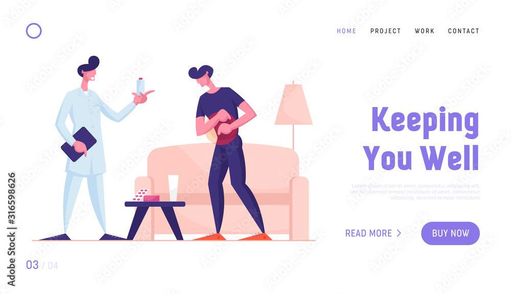Health Care Website Landing Page. Home Doctor Visiting Sick Man Feel Pain in Stomach. Food Poisoning, Digestive Tract Indigestion, Stomachache Pain. Web Page Banner. Cartoon Flat Vector Illustration