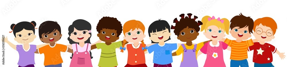 Close-up isolated group of happy and smiling multiethnic children hugging each other.Community or childhood with children of different culture. Multicultural kindergarten. Oneness. Peace. Friendship Close-up isolated group of happy and smiling multiethnic children hugging each other.Community or childhood with children of different culture. Multicultural kindergarten. Oneness. Peace. Friendship