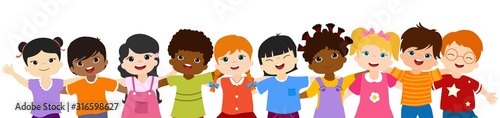 Close-up isolated group of happy and smiling multiethnic children hugging each other.Community or childhood with children of different culture. Multicultural kindergarten. Oneness. Peace. Friendship