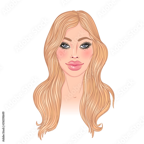 Exaggerated lips of a beautiful young woman. Fillers. Lip augmentation. Sexy Mouth. Beauty girl. Vector illustration over white background. absurdly big lips..