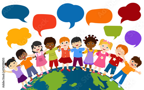 Communication and friendship dialogue group of happy and multiethnic children embracing each other. Community or childhood with children of different cultures. Multicultural kindergarten