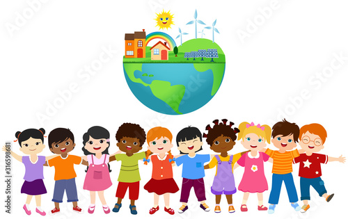 Group of diverse and multiethnic children embracing each other. Unity for an ecological world with eco and sustainable energy. Save our planet. Globe with solar cell and wind turbines