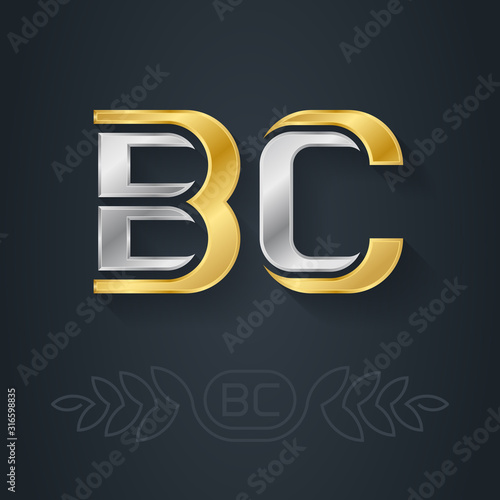 B and C - initials. BC - Metallic 3d icon or logotype template. Gold letters inlaid with silver. Design element with lineart option.