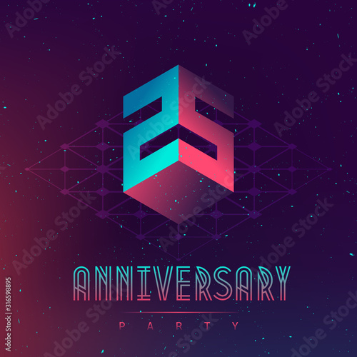 25 Anniversary night party. Electronic music fest and space poster. Abstract gradients music background. Club party invitation flyer with number Twenty five.