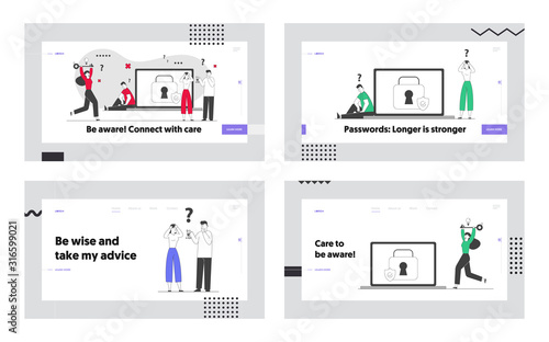 Users Try to Remember Lost Account Password Website Landing Page Set. Internet Profile Protection, Cyber Security, Forgotten Pin Code Aid Web Page Banner. Cartoon Flat Vector Illustration, Line Art