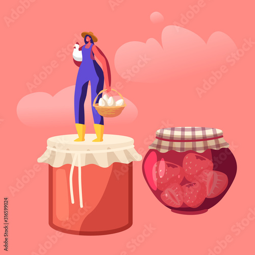 Happy Woman Farmer Presenting Local Food and Eco Production for Sale, Preserving Homemade Jam in Glass Jar and Eggs. Girl Standing on Lid of Canning Jam-jar Products. Cartoon Flat Vector Illustration