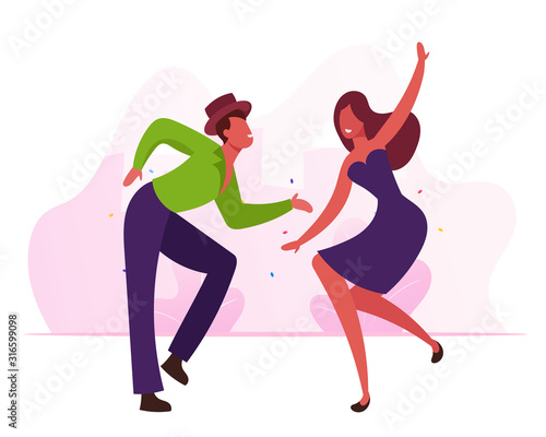 Cheerful Dancers Performing Exciting Brazil Dance during Rio Carnival or Competition. People Dancing Active Hobby and Recreation Spare Time. Latin Samba Class Training Cartoon Flat Vector Illustration