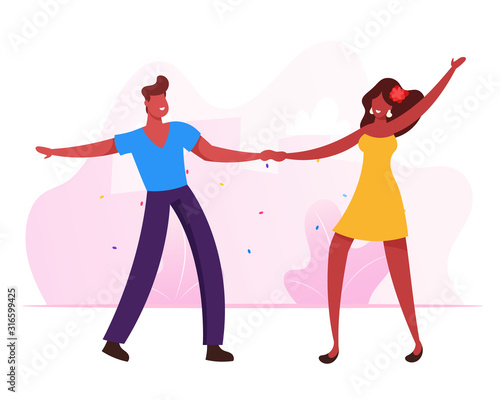 Couple of Young Girl and Man Visiting Brazil Dancing Studio. Dance Partners Moving Body with Hands Up. Friends Fun Leisure, People Nightlife Clubbing, Rio Festival Cartoon Flat Vector Illustration