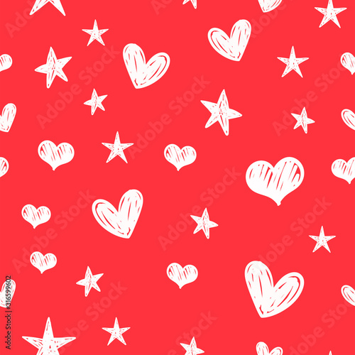 Hearts and stars doodles seamless pattern. Valentine's day decoration background.