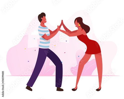 Young People Dancing Samba on Brazil Dance Disco Party or Rio Carnival. Man and Woman in Fashioned Clothing Moving to Music Rhythm. Happy Leisure and Hobby Sparetime Cartoon Flat Vector Illustration