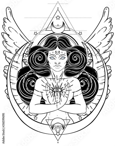African American magic woman holding all seeing eye with rays. Vector Illustration. Mysterious black girl over sacred geometry symbols and wings. Alchemy, religion, spirituality, occultism, tattoo art