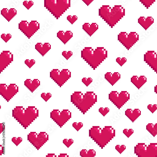 Seamless pattern with small red hearts on white backdrop. Pixel art. 1990 s fashion style. Valentines day background. Abstract repeat geometric texture. Love theme. Design for decoration  print  web
